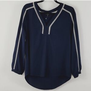 FATE Stitch Fix V-Neckline Embroidered Trim Navy Blue Top Size Large